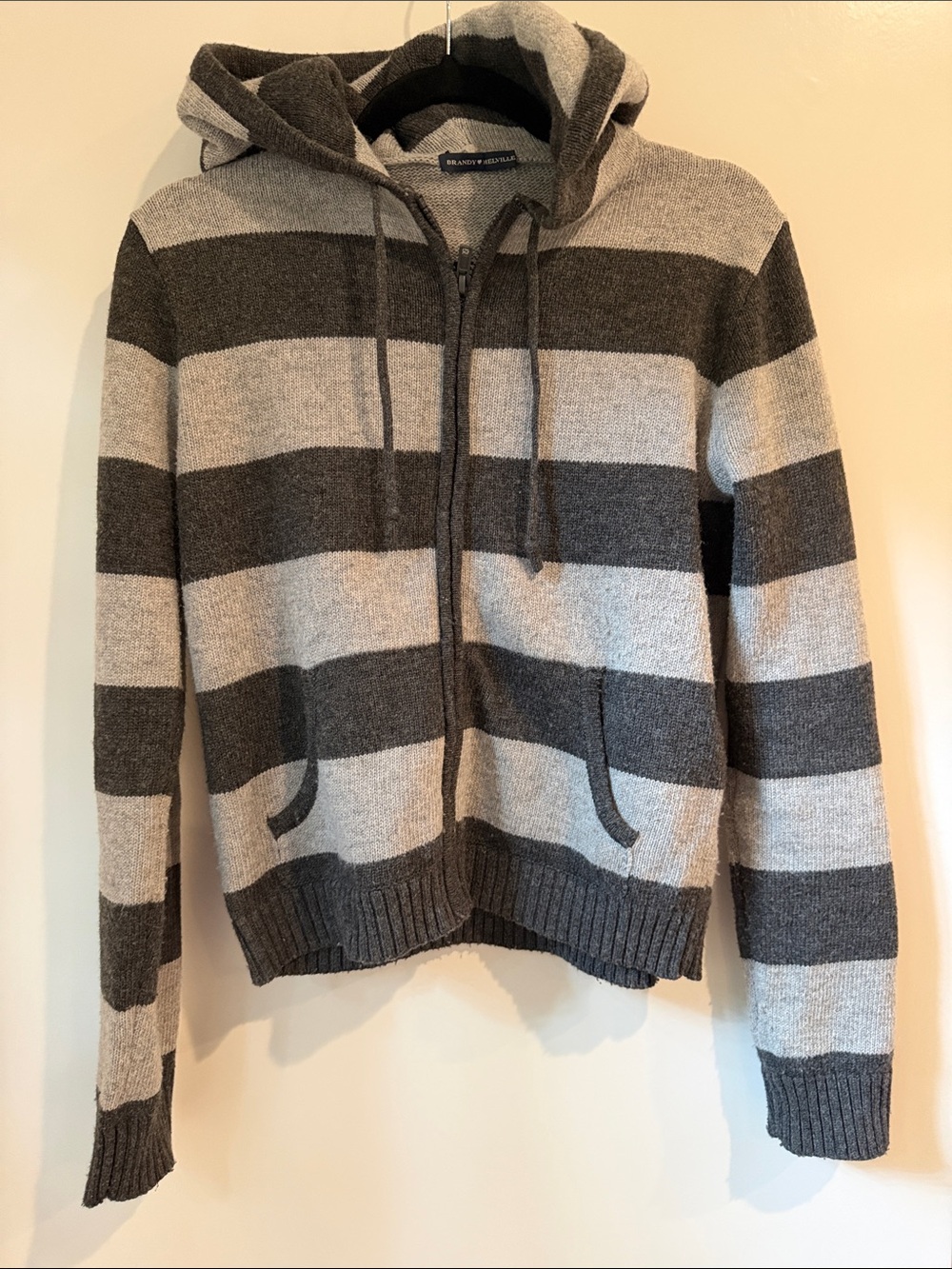 Brandy Melville Alana Striped Hooded Zip Sweater in Light Gray & Dark Gray